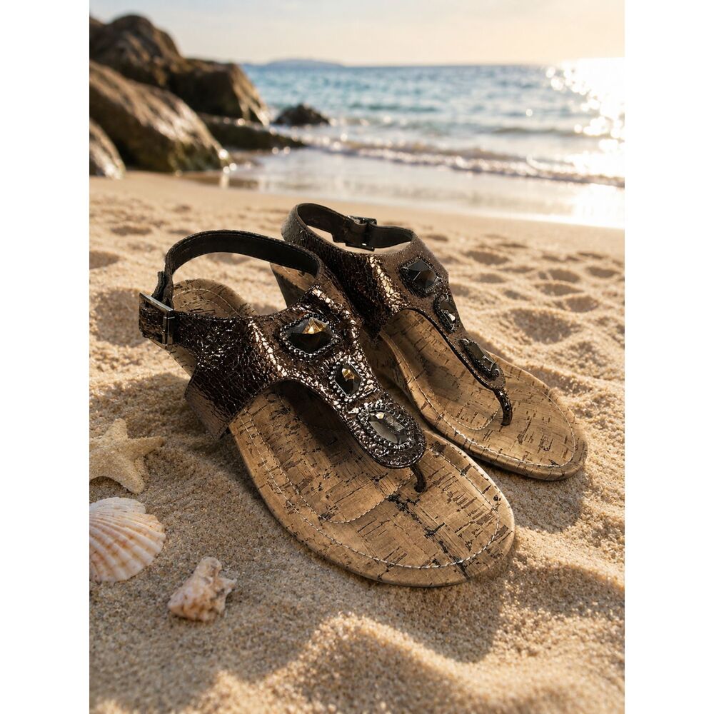 Dexflex Comfort Brown Metallic Jeweled Cork Wedge Sandals Womens Size 9